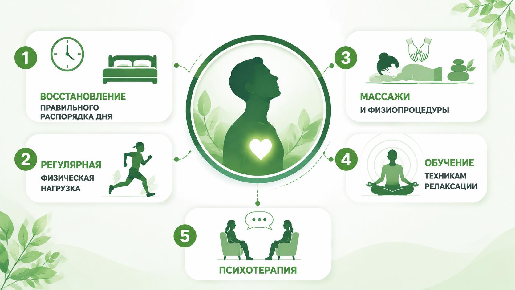 Инфографика с пятью этапами лечения панических атак: восстановление режима дня, физическая нагрузка, массаж и физиопроцедуры, техники релаксации и психотерапия.